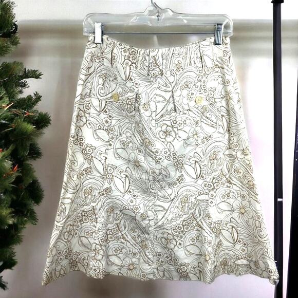 Eddie Bauer Womens 4 White Brown Cotton Linen Blend A-Line Floral Y2K Mini Skirt - Picture 2 of 6